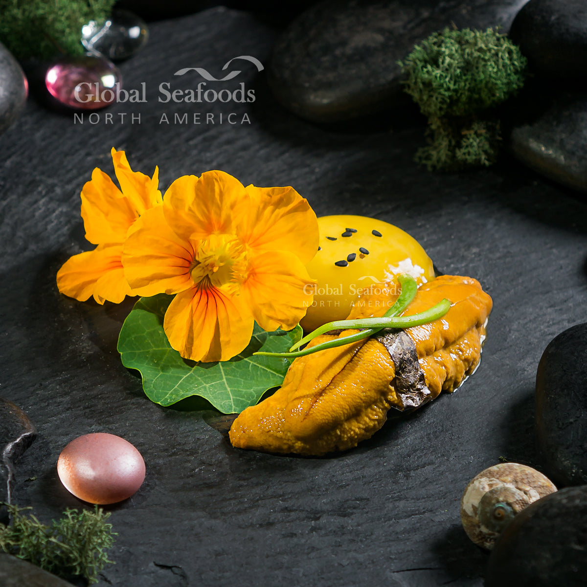 Fresh sea urchin opened to reveal golden-orange uni lobes inside the spiny shell, ready to be served as sushi or sashimi