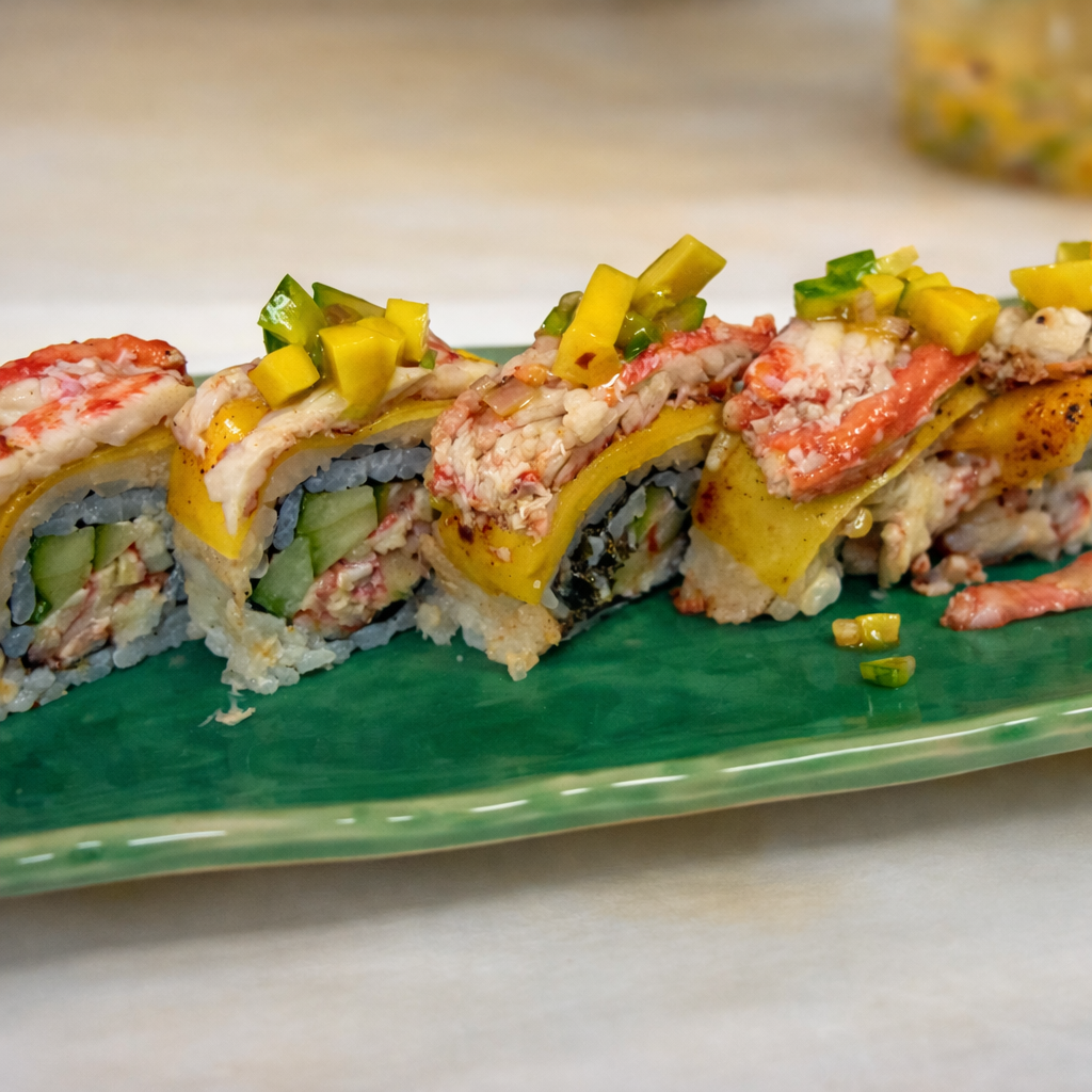 Sliced Mango Tango sushi roll with golden king crab topped with fresh mango and mango salsa on a dark serving board