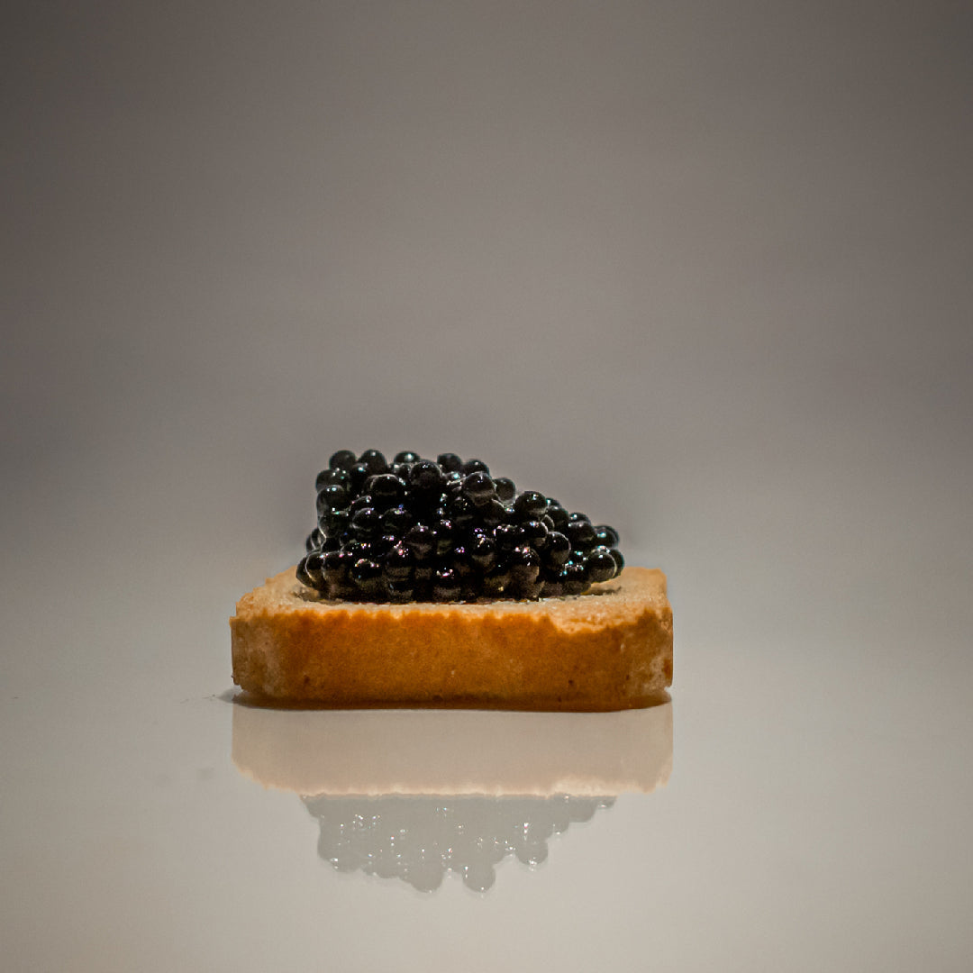Tin of premium Kaluga caviar with large glossy gray pearls served on ice alongside blinis and a mother-of-pearl spoon