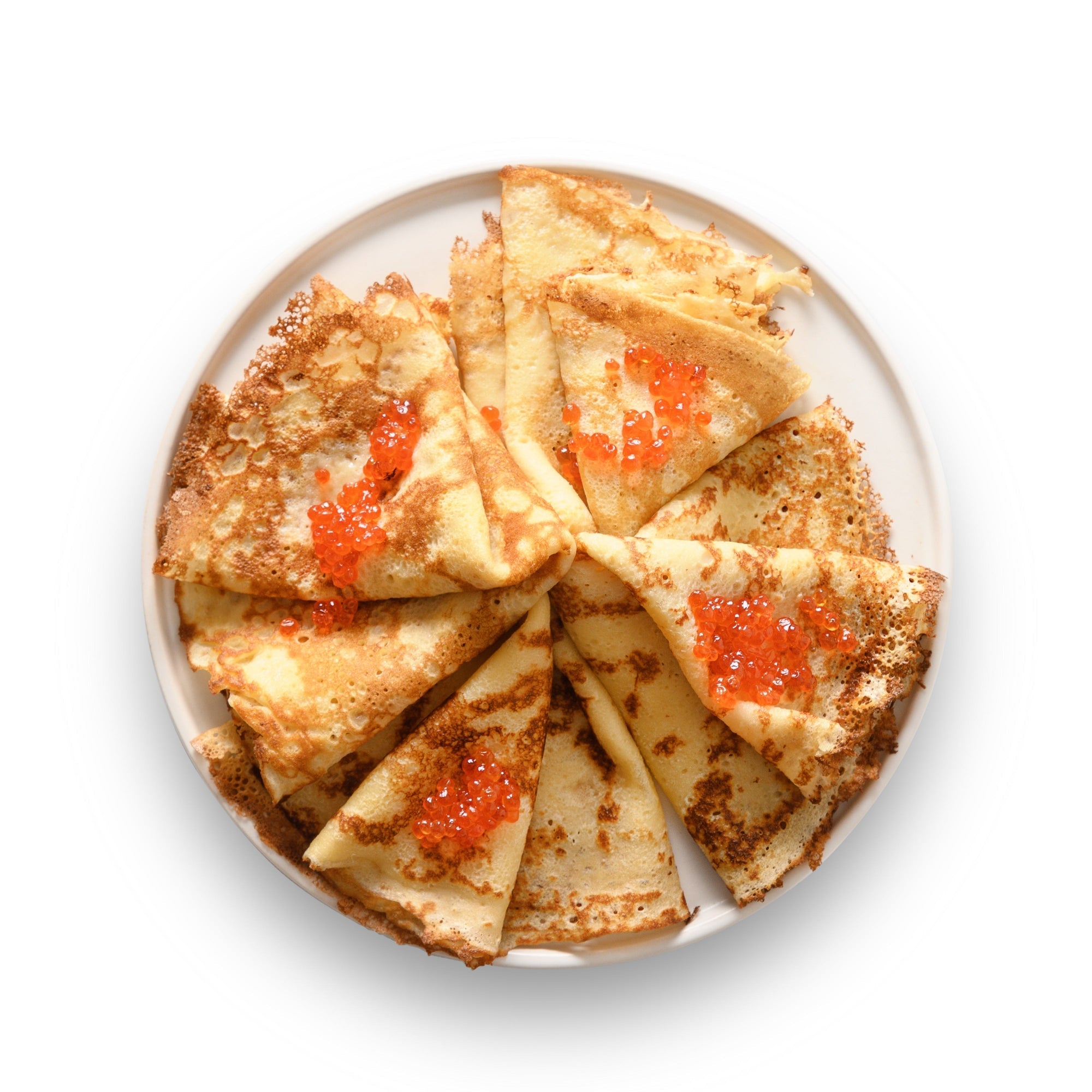 Red caviar blinis topped with crème fraîche, salmon ikura, and fresh dill on a white serving platter – a classic Russian gourmet appetizer