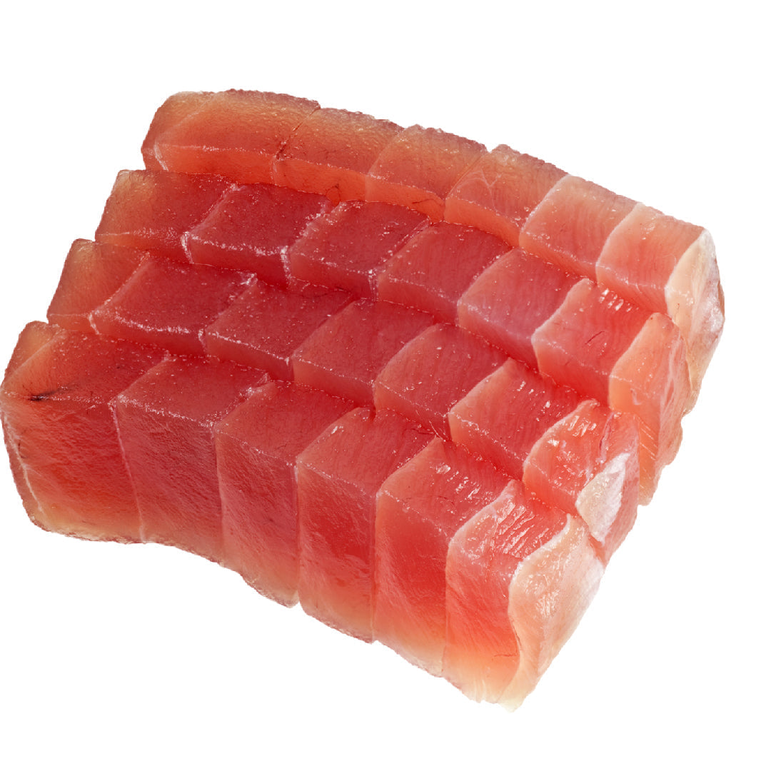 Nutritious Bluefin tuna sashimi slices rich in omega-3s arranged on a white plate with fresh ginger, wasabi, and soy sauce representing a healthy seafood meal