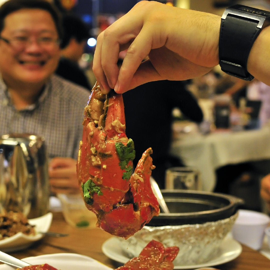Fresh king crab claws and snow crab legs on ice, showcasing premium sustainably sourced crab