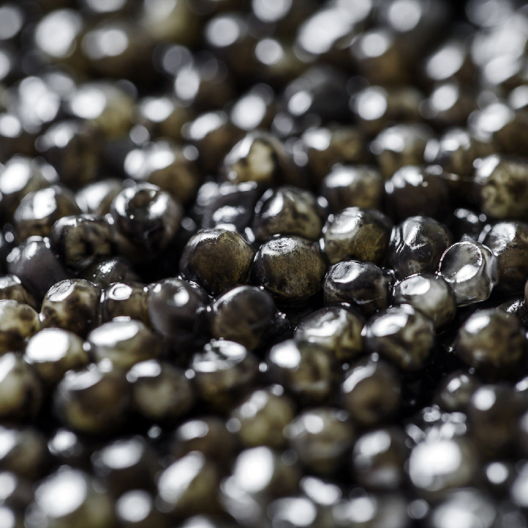 Side-by-side comparison of Osetra and Sevruga caviar served in mother-of-pearl spoons