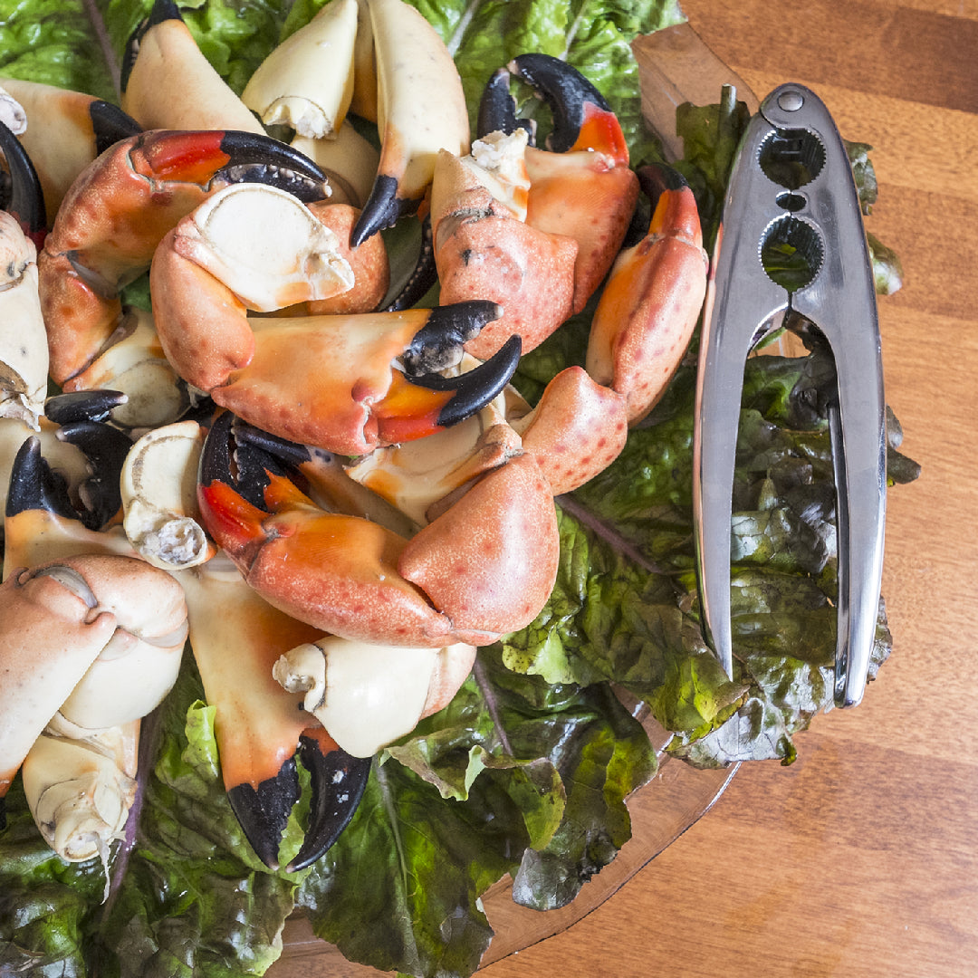 Side-by-side comparison of fresh crab claws and shrimp on a white background