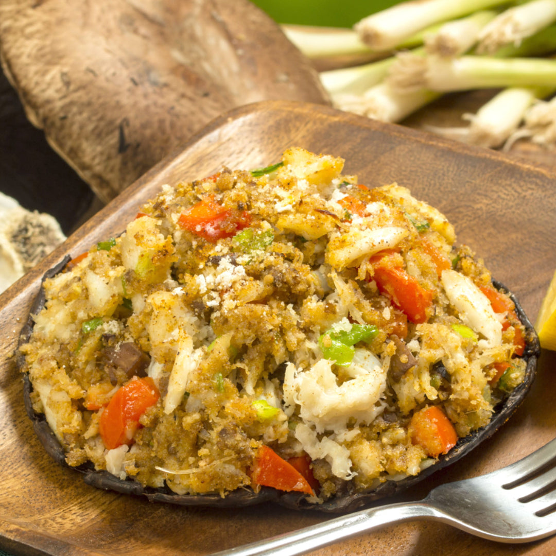 Crab stuffed mushrooms on a platter