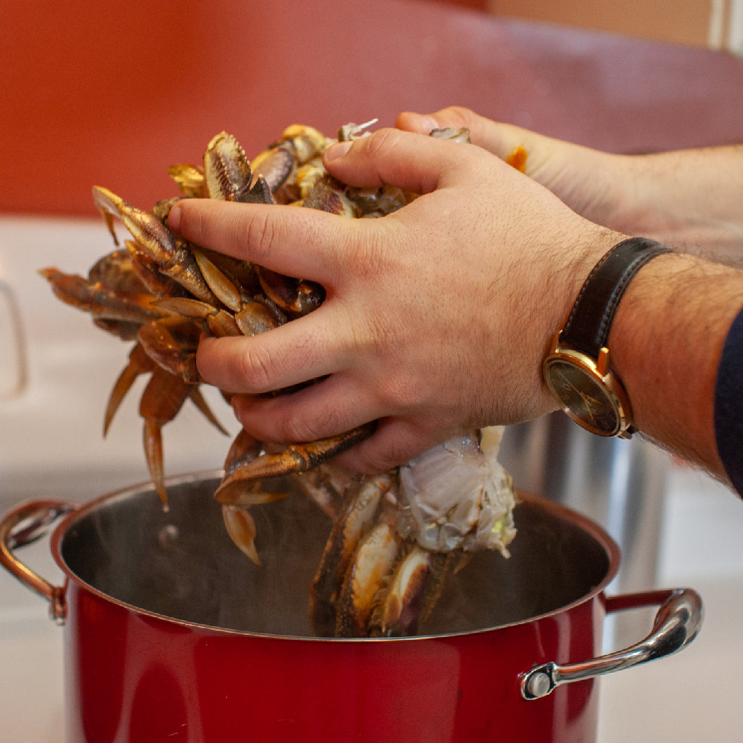 Dungeness crab boil with corn, potatoes, and seasoning served on a table