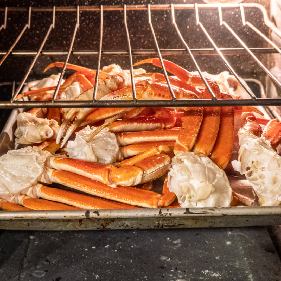 Oven-baked Alaskan king crab legs with garlic butter sauce