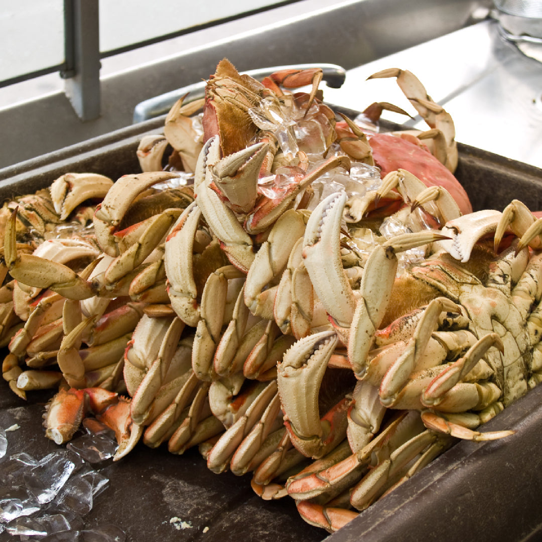 Fresh Dungeness crab and king crab legs served at a top-rated seafood restaurant on the Pacific Coast