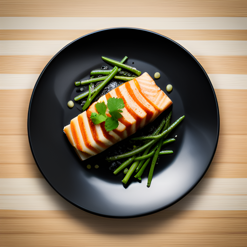 Pan-seared black cod fillet with crispy golden skin served on a white plate with lemon wedge and fresh herbs