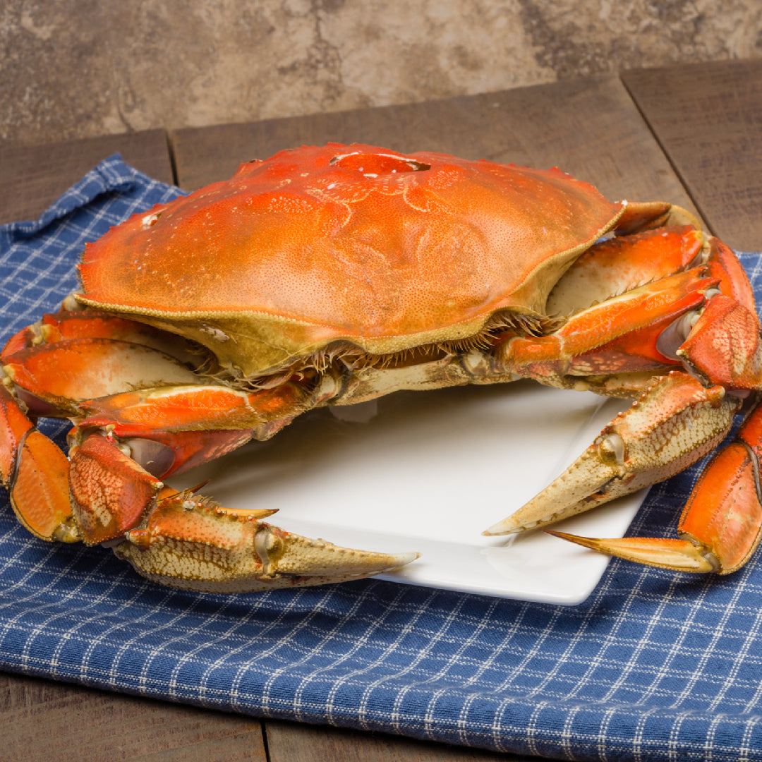 Dungeness crab served on a platter ready for cooking