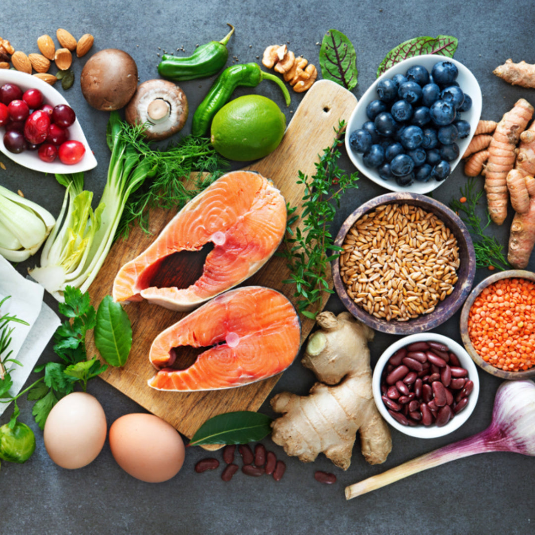 Assortment of healthy seafood – salmon, king crab, oysters, and caviar rich in omega-3 fatty acids and essential nutrients