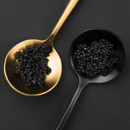 Five varieties of premium black caviar displayed in elegant serving dishes on crushed ice