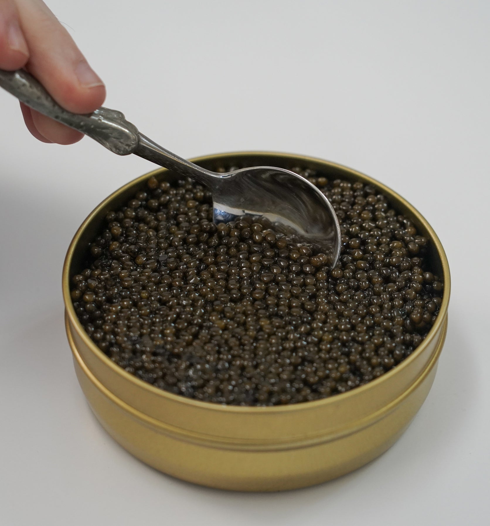 Close-up of glistening black sturgeon caviar pearls served in a mother-of-pearl spoon