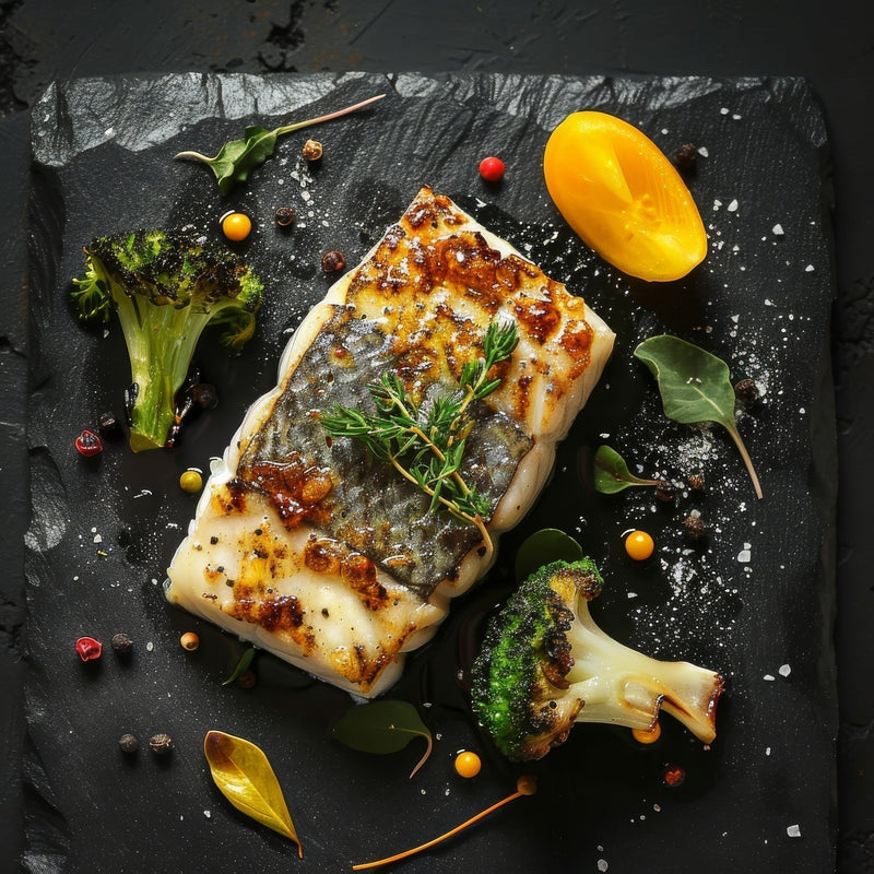 A chef filleting a large whole Pacific halibut on a cutting board, demonstrating professional knife technique