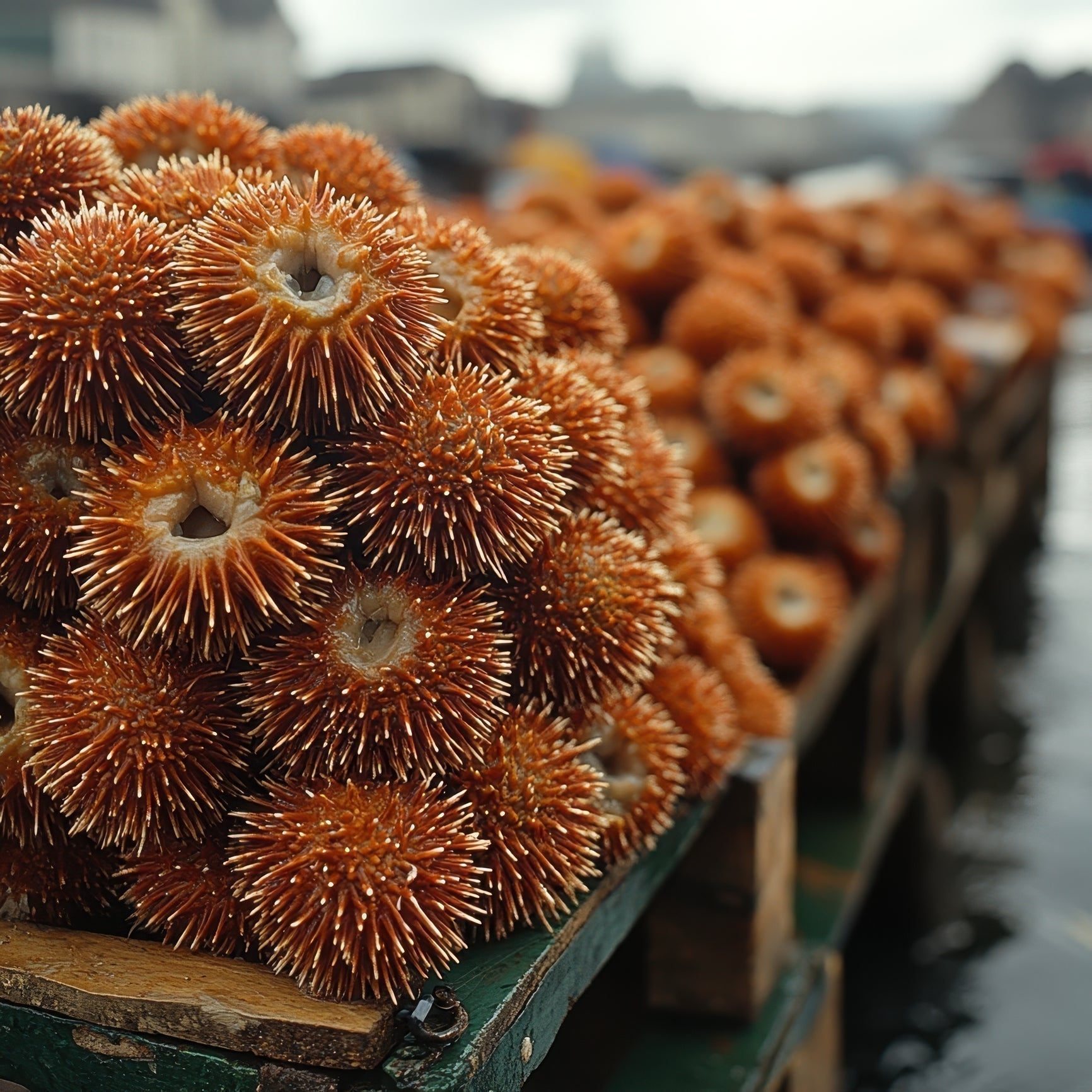 Fresh sea urchin being opened with kitchen scissors to reveal bright orange uni roe inside the shell