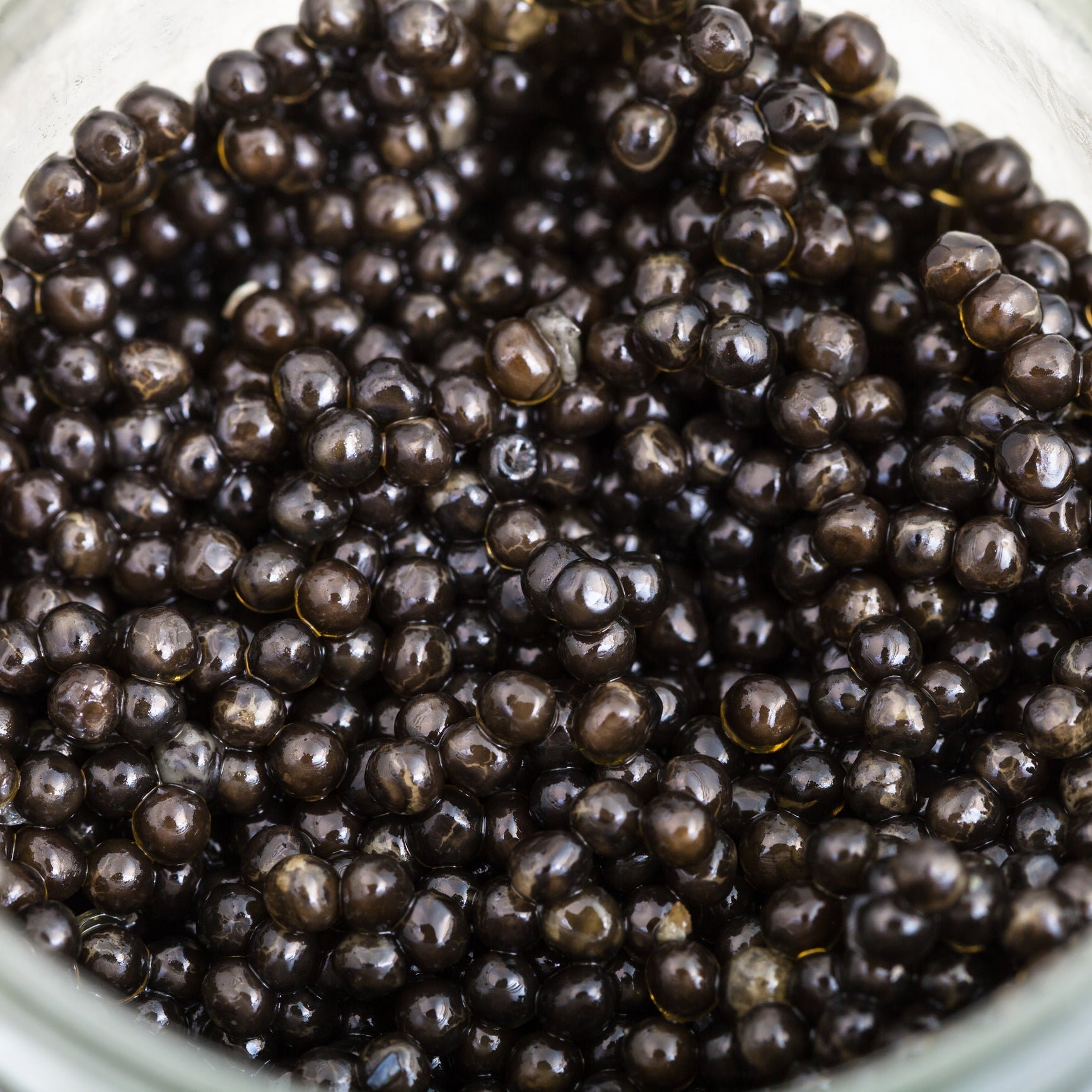 Black caviar pearls in a tin with mother of pearl spoon on crushed ice