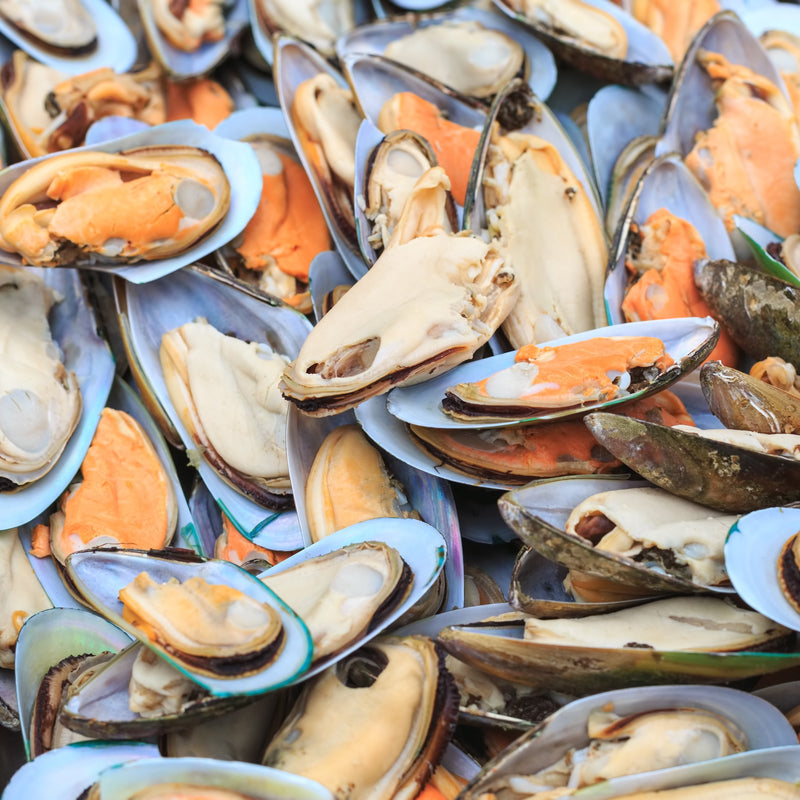 Fresh mussels steamed in white wine broth with garlic, parsley, and lemon in a large pot