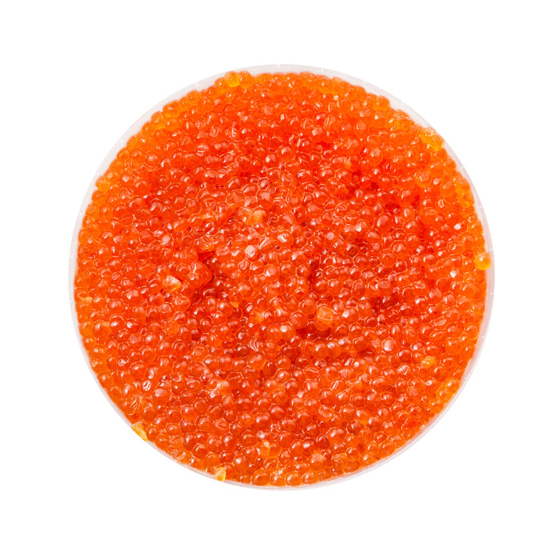 Close-up of fresh ikura salmon roe showing firm texture and vibrant orange color