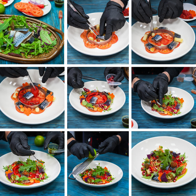 Assorted seafood including salmon and shrimp being marinated in various bowls with lemon, herbs, and spices, ready for cooking