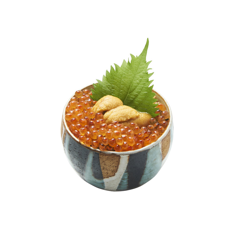 Six varieties of salmon roe displayed side by side in small glass bowls, showing different colors from light orange to deep red