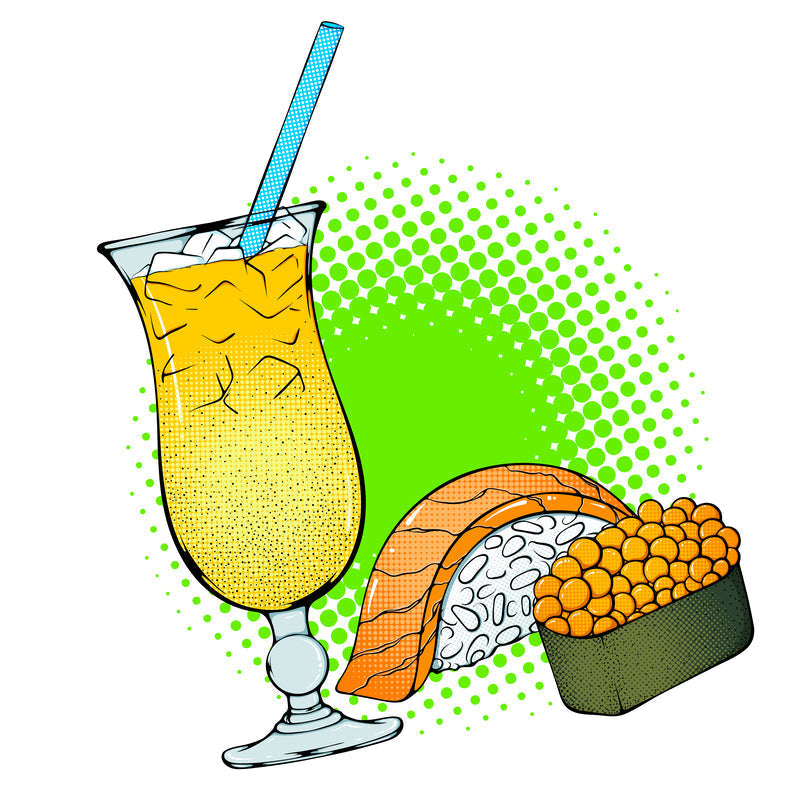 A chilled martini glass with a spoonful of glistening caviar floating on top, garnished with a lemon twist on a dark marble surface