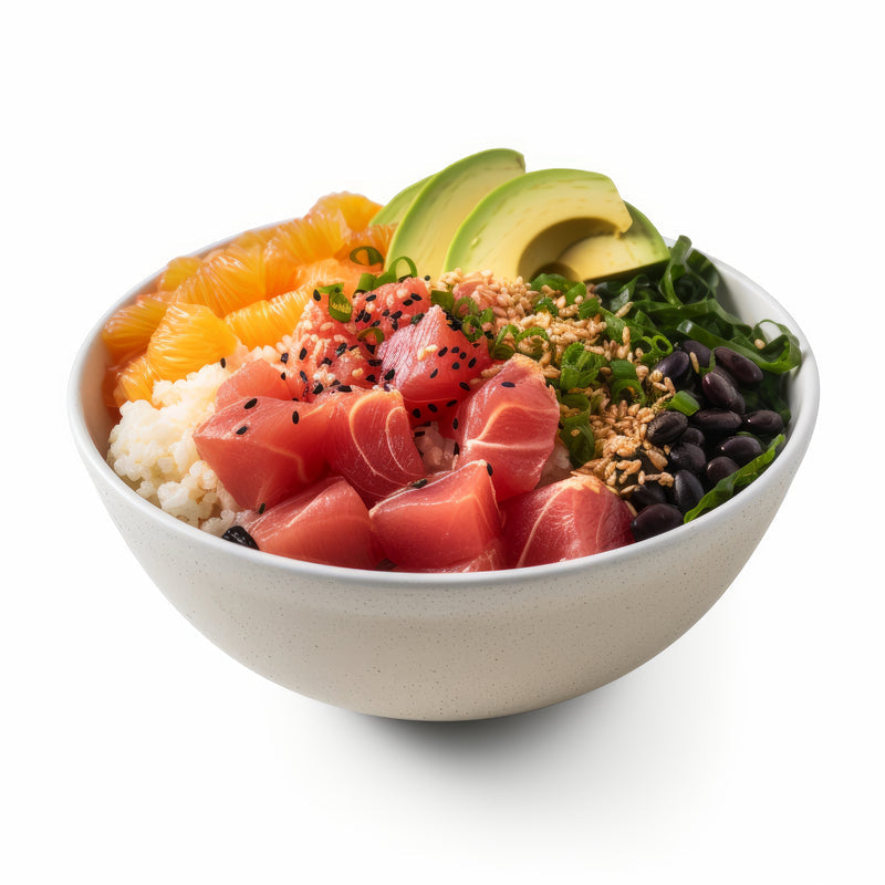 Fresh poke tuna bowl with colorful toppings including avocado, edamame, cucumber, and sesame seeds served over steamed rice