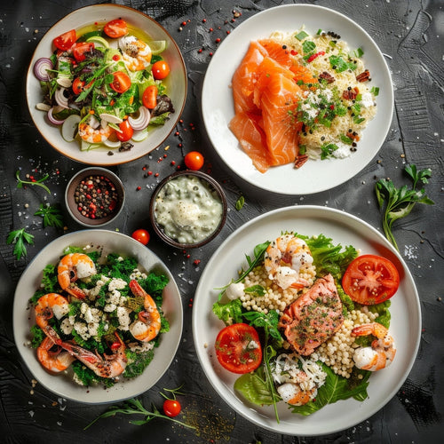 Fresh seafood salad with shrimp, avocado, and mixed greens served in a bowl