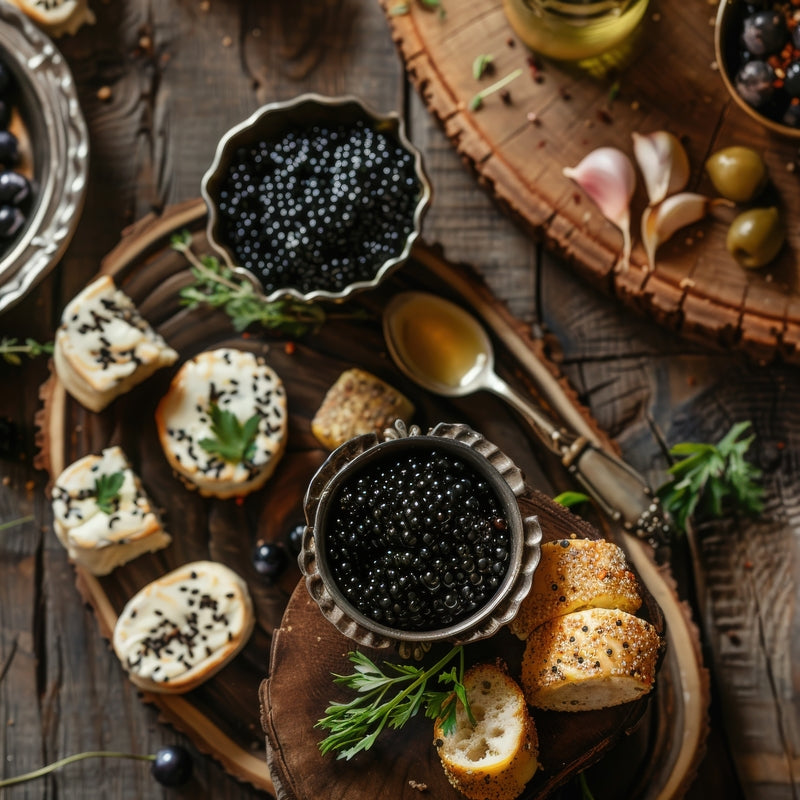 Amur Kaluga caviar pearls served on blinis with crème fraîche on an elegant dark platter