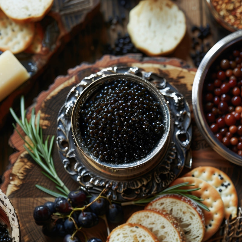 Golden and dark brown Osetra caviar pearls served on crushed ice with blinis and crème fraîche