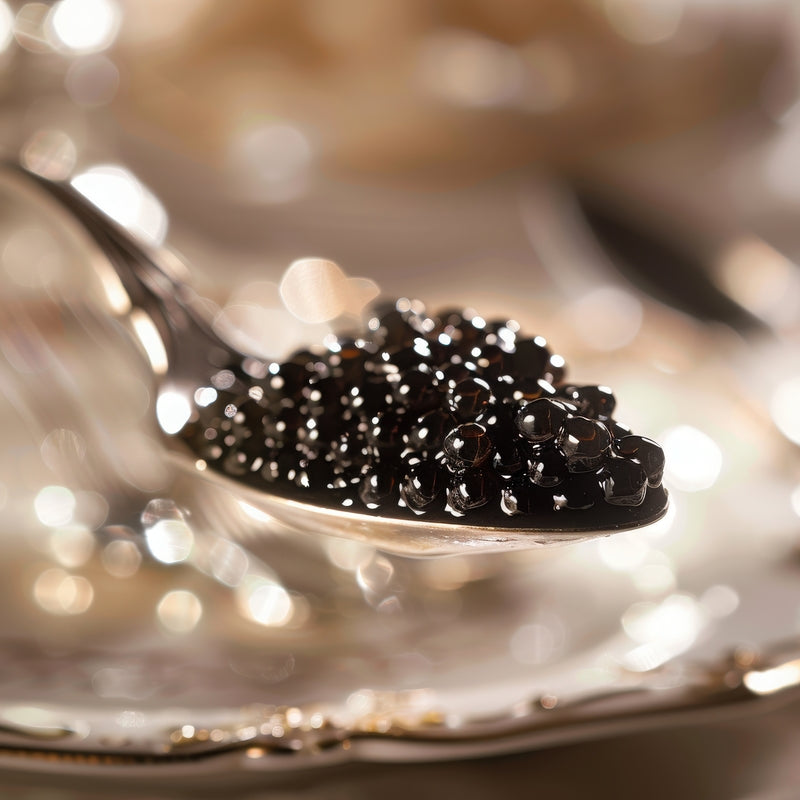 Large glossy dark grey Kaluga caviar pearls served in a mother-of-pearl spoon on crushed ice with blinis alongside