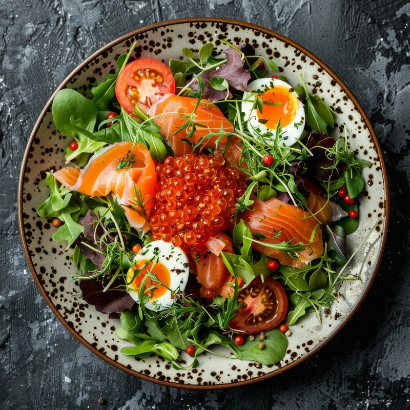 Assorted ikura salmon roe appetizers on a serving platter including blinis, deviled eggs, and sushi bites