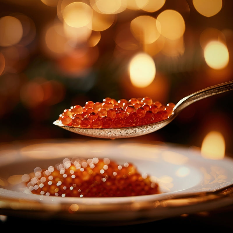 Close-up of vibrant orange salmon roe eggs in a glass bowl, showing firm plump texture and jewel-like color