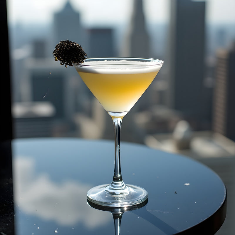 A crystal-clear cocktail glass garnished with glistening caviar pearls and a citrus twist, set against a dark moody background