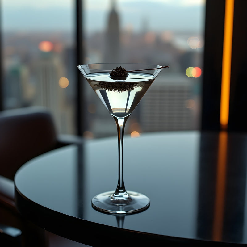 Elegant martini glass with caviar pearls floating on the surface, garnished with a lemon twist on a dark luxury background