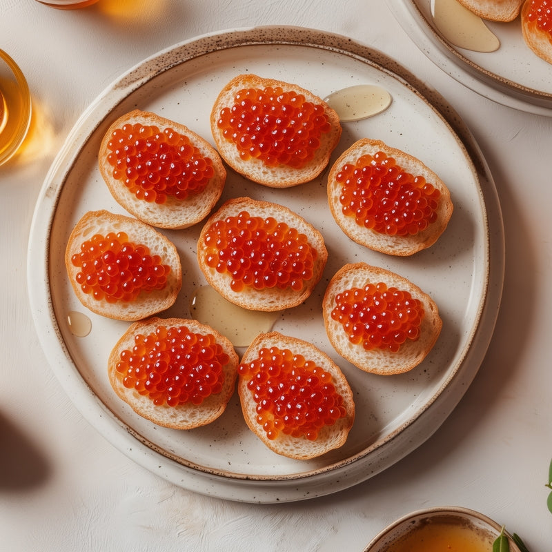 Assorted roe caviar varieties including black sturgeon and vibrant orange salmon roe displayed on crushed ice with blinis and champagne