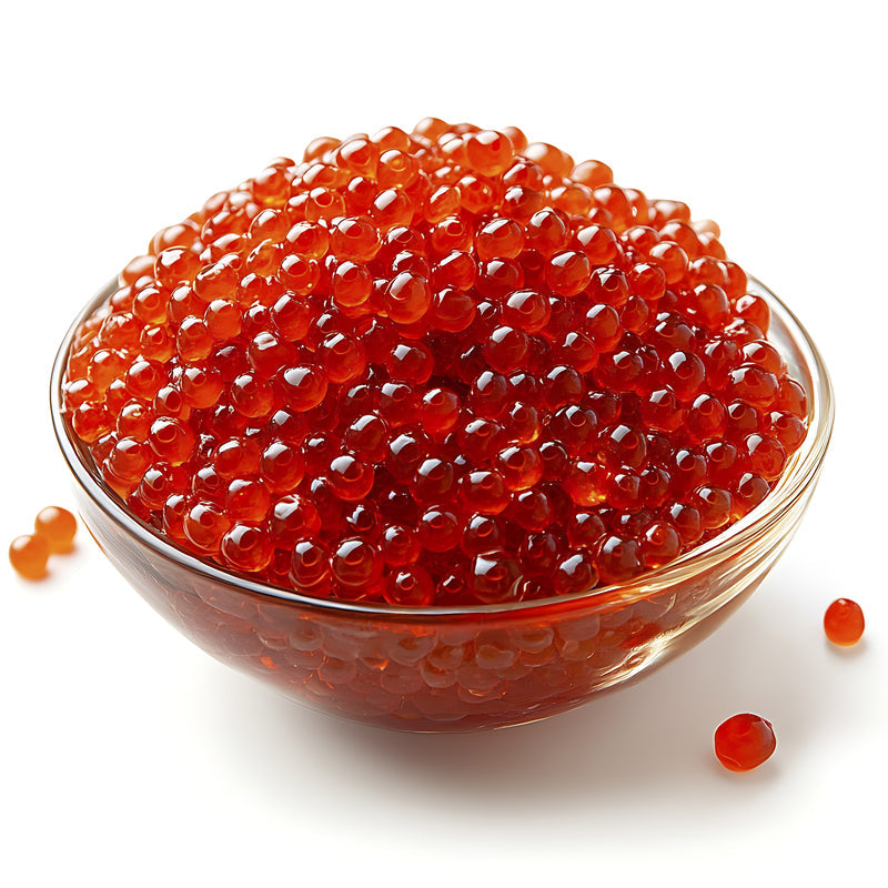 Vibrant orange Ikura salmon roe eggs glistening in a ceramic bowl, served alongside sushi rice and seaweed
