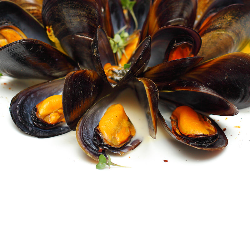 Steamed mussels in white wine garlic sauce served in a fine dining setting