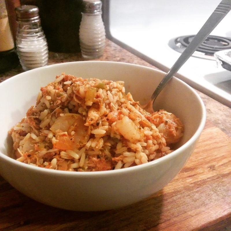 A hearty bowl of shrimp jambalaya with Cajun spices, sausage, and tender shrimp over rice