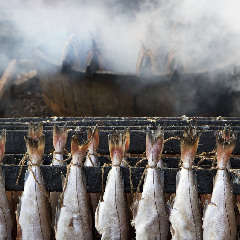 Whole fish fillets smoking over alder wood chips in an outdoor smoker with wisps of smoke rising