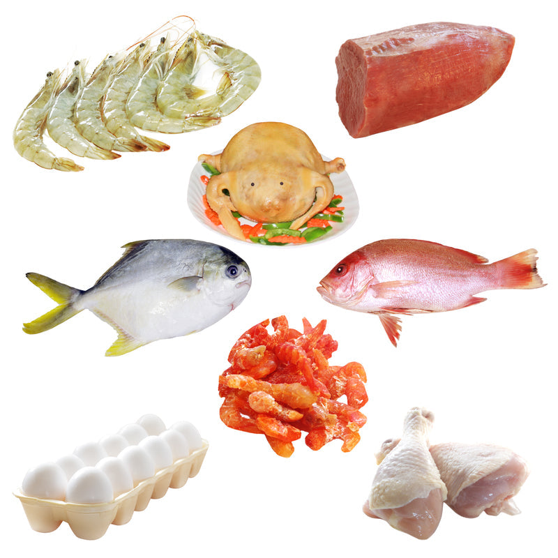 Fresh seafood display at a market with fish and shellfish on ice