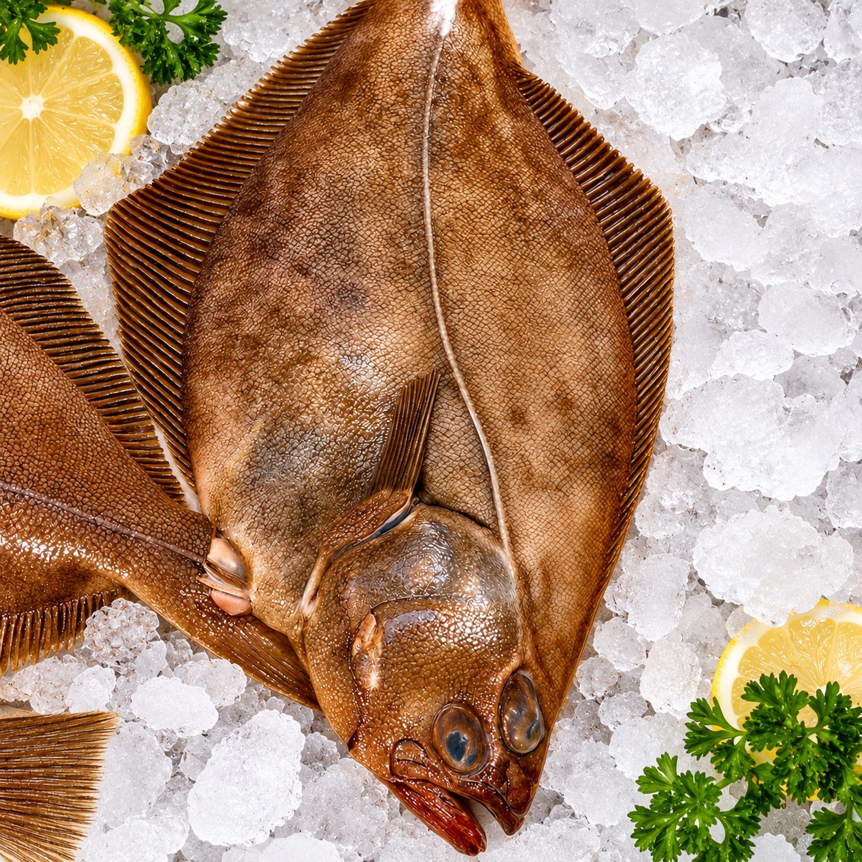 Whole wild-caught Petrale sole on crushed ice