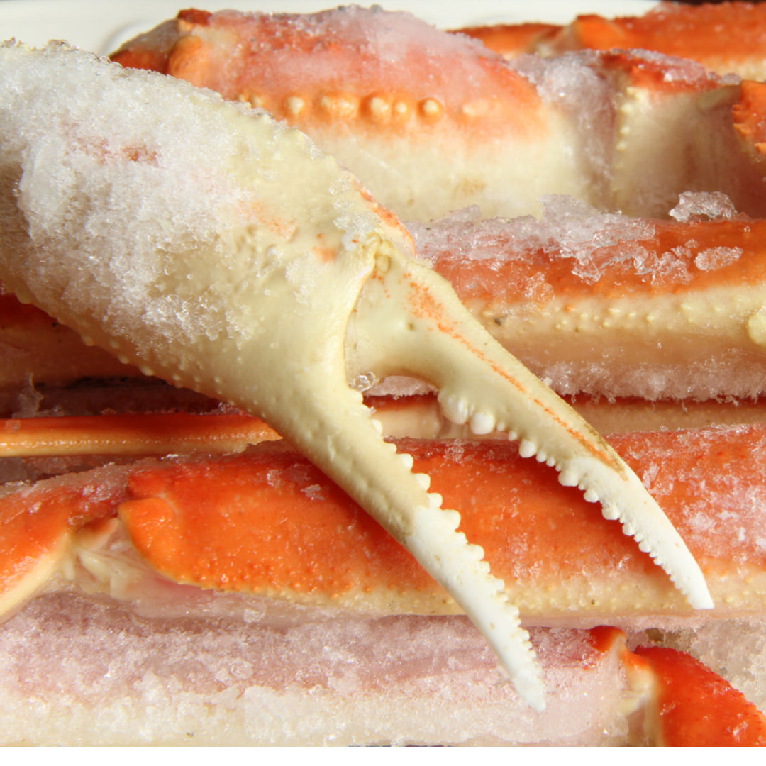 Side-by-side comparison of flash-frozen king crab legs and freshly cooked Dungeness crab on a bed of ice, illustrating the fresh vs. frozen crab choice for home cooks