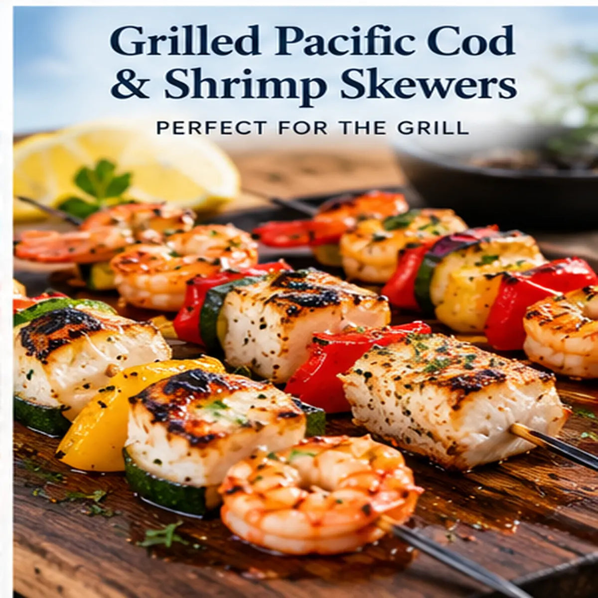 Grilled Pacific cod and shrimp skewers with peppers and lemon