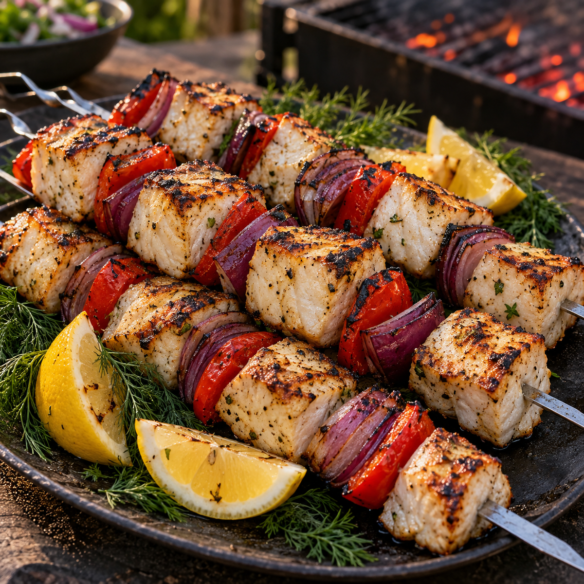 Grilled white sturgeon kebabs with red pepper, red onion, lemon and fresh dill