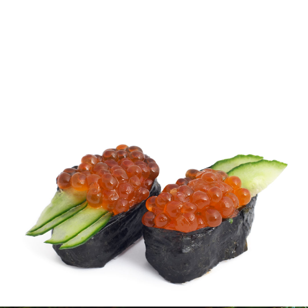 Close-up of fresh ikura (salmon roe) with bright orange eggs in a glass bowl, highlighting its vibrant color and nutritional value
