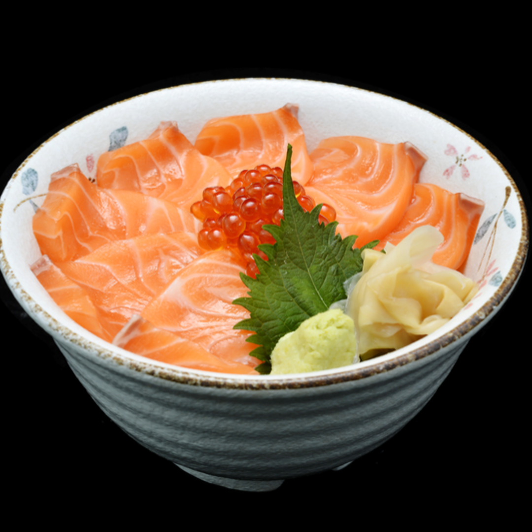 Ikura bowl with salmon roe, avocado, cucumber, and nori on seasoned sushi rice