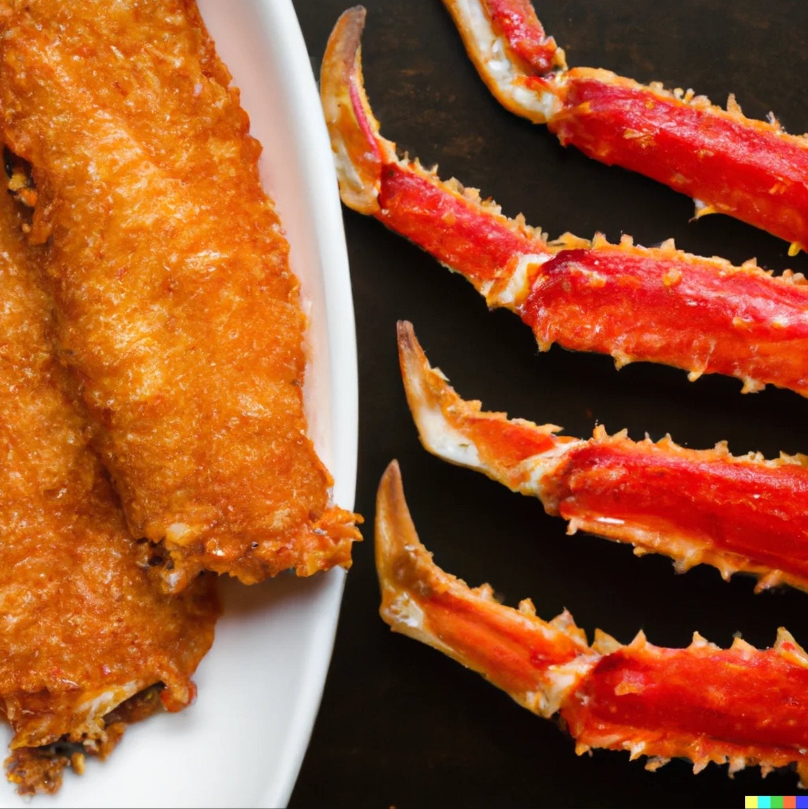 Golden crispy fried king crab legs with garlic butter and lemon