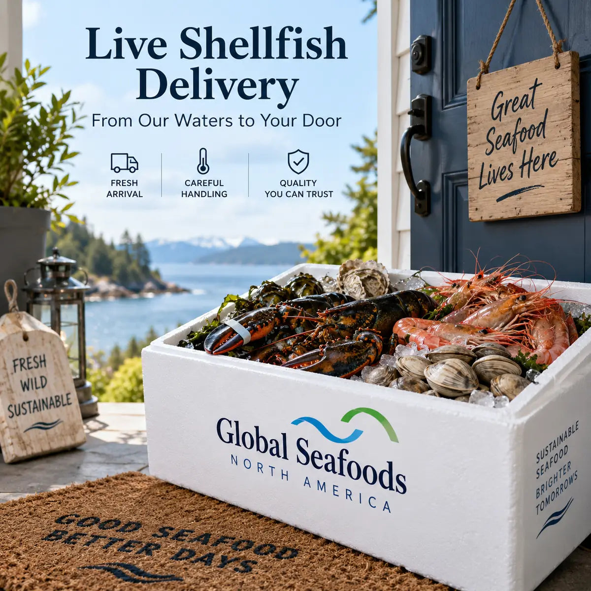 Live shellfish delivery with lobster, spot prawns, oysters and clams packed for shipping