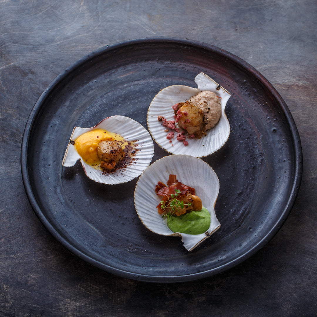 Live scallops – fresh whole scallops in the shell and seared scallop adductor muscles with a golden crust, representing centuries of culinary history from ancient Rome and Japanese sushi culture to modern fine dining