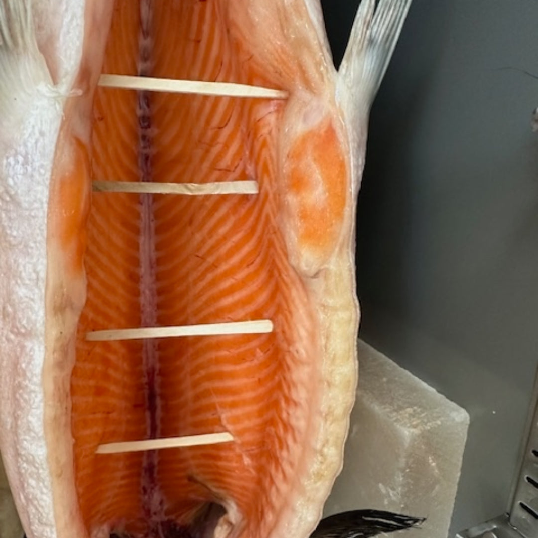 Dry-aged New Zealand King Salmon fillet grilling on a cedar plank with a golden crust, garnished with fresh dill and lemon wedges